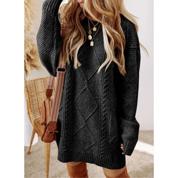 Cozy Black Cable Knit Sweater Dress - Picture 4 of 8